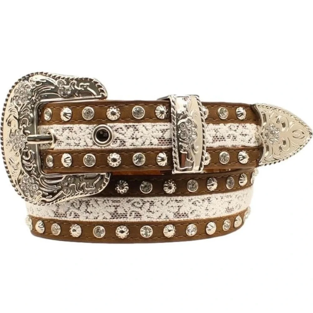 Western Brown Leather Lace Rhinestone Studded Belt Silver Floral Buckle XL A5212